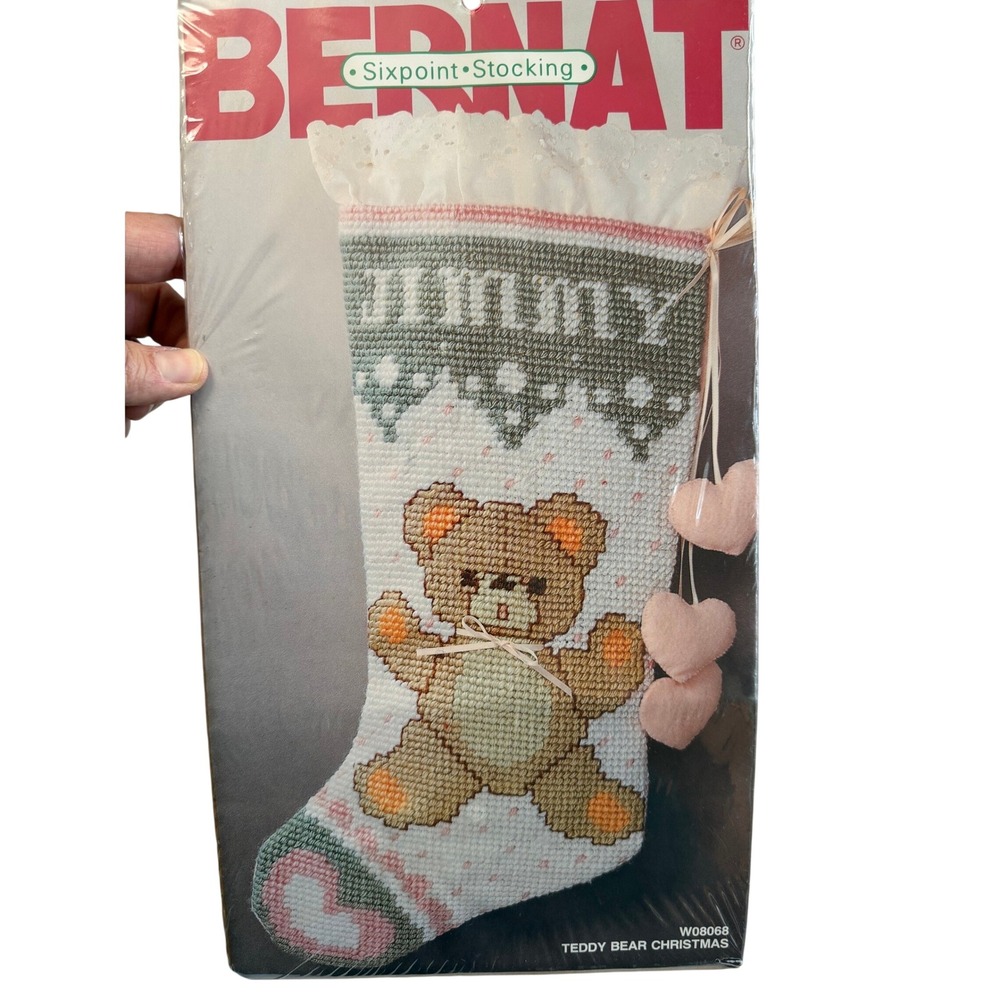 VTG Bernat Needlepoint Kit 9x20 Pink Teddy Bear Christmas Stocking W08068 READ